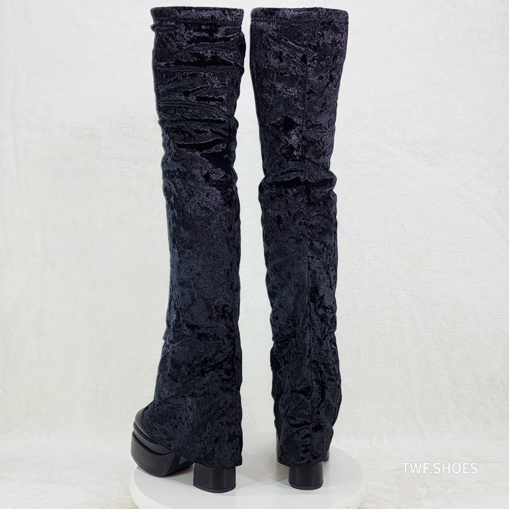 Unique Thigh High Black Velvet Fold over Skirted Chunky Heel Platform Boots - Picture 14 of 17